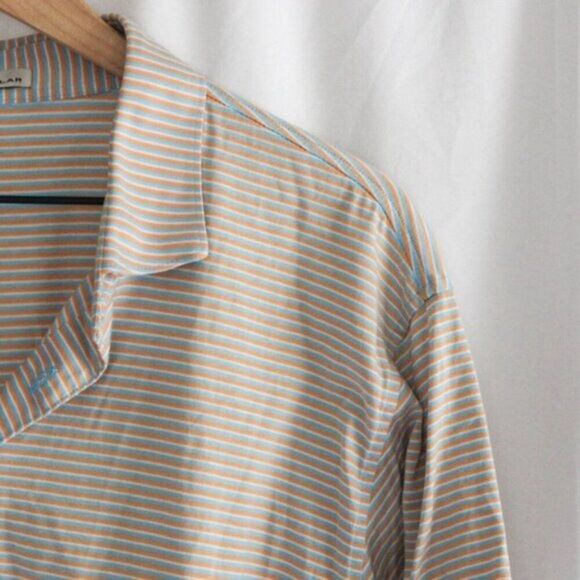 Men's Peter Millar Blue Orange White Striped Short Sleeve Cotton Golf Polo Large - Picture 2 of 4